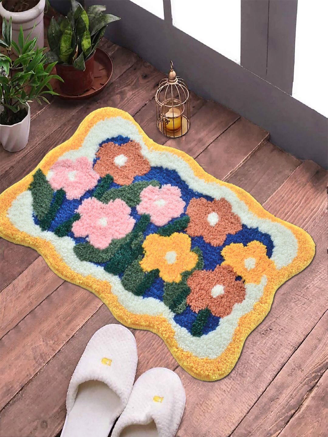 FABINALIV Yellow & Blue Floral Anti-Skid Doormats