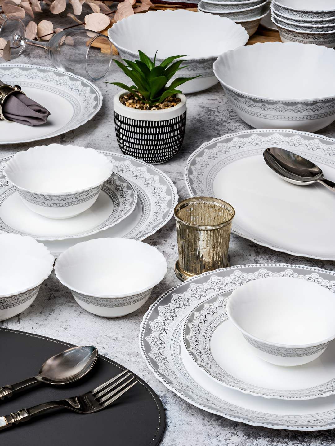Cello White 27 Pieces Opalware Dishwasher and Microwave Safe Dinner Set
