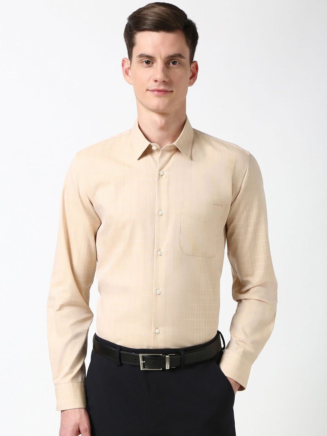 Peter England Men Spread Collar Windowpane Checked Cotton Slim Fit Casual Shirt