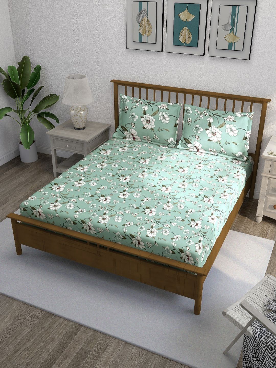 SWAYAM SWAYAM Green Floral Cotton 210 TC King Fine Bedsheet with 2 Pillow Covers-108 x 90 inches