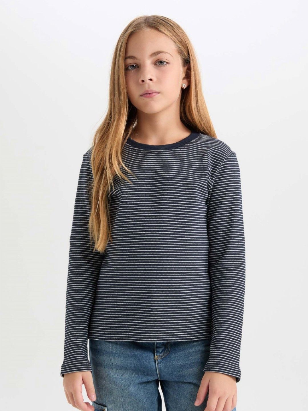 DeFacto Girls Striped Drop-Shoulder Sleeves Applique T-shirt