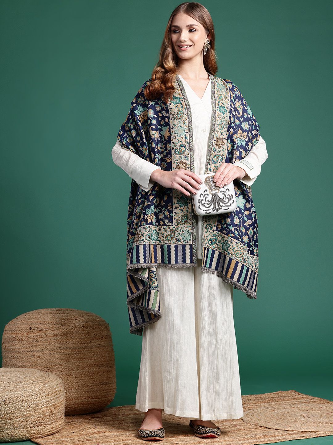 Sangria Floral Woven Design Shawl