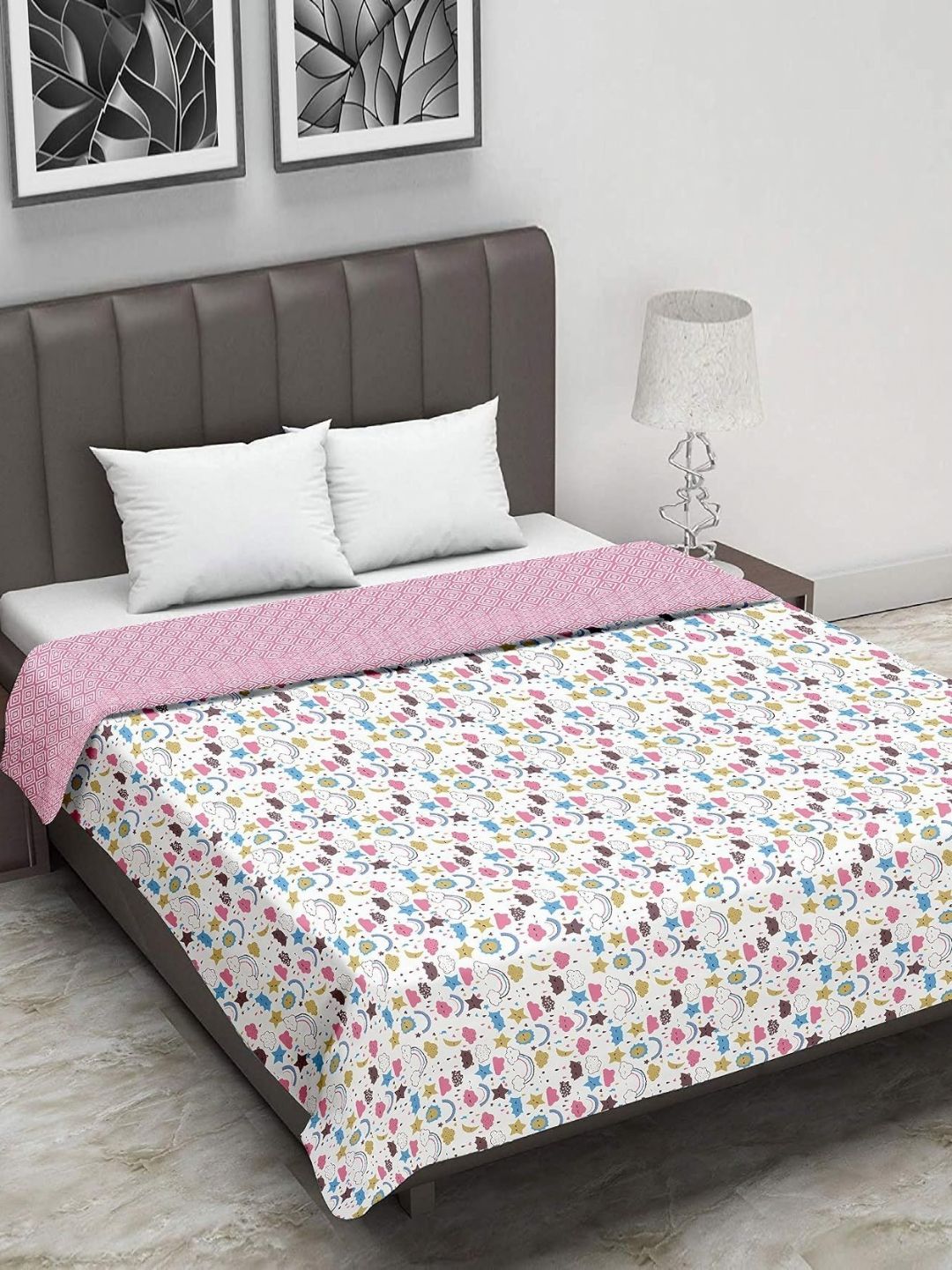 Trance Home Linen Pink & Blue Floral Cotton 150 GSM Reversible Double Bed Dohar