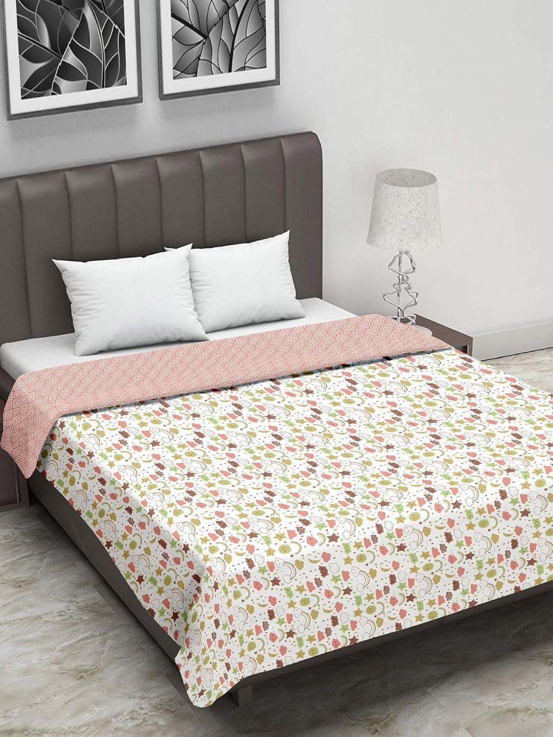 Trance Home Linen Peach-Coloured & Red Geometric Cotton150 GSM Reversible Double Bed Dohar