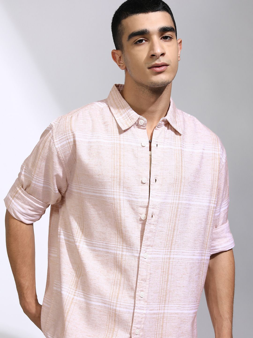 HIGHLANDER Men Natrual Yarn Checked Regular Fit Casual Shirt