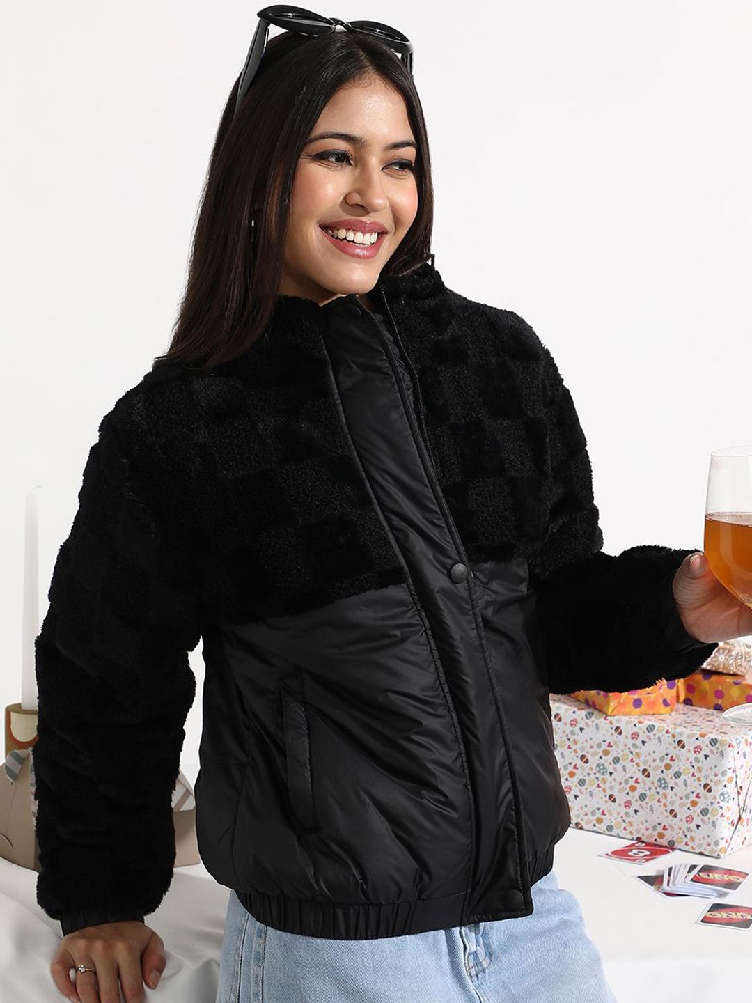 PINACOLADA Fleece Self-Design Buffalo Check Jacket