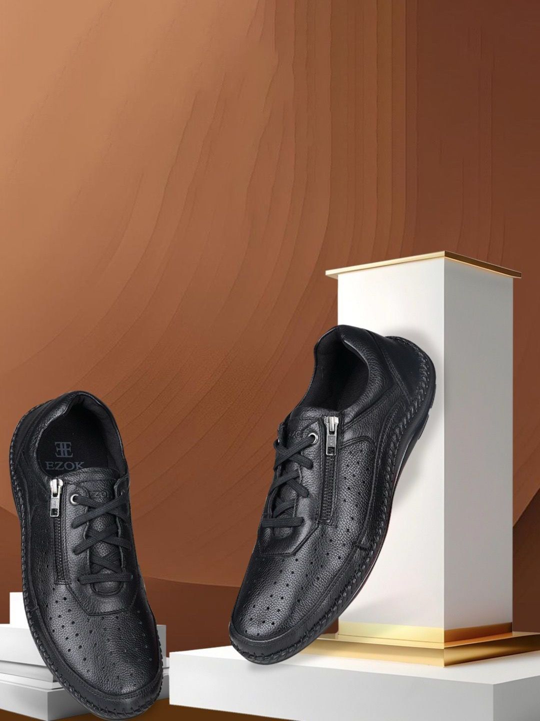EZOK Men Leather Round Toe Sneakers