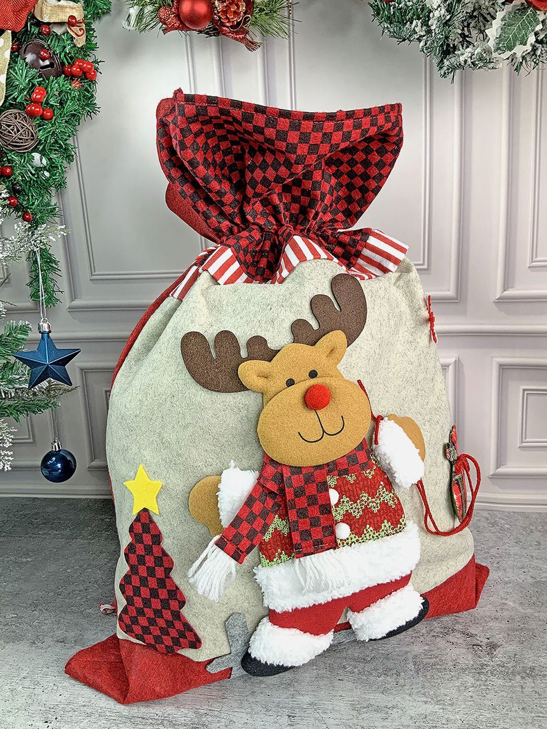 Little Surprise Box Red & Grey Patterned Christmas Sack Decor