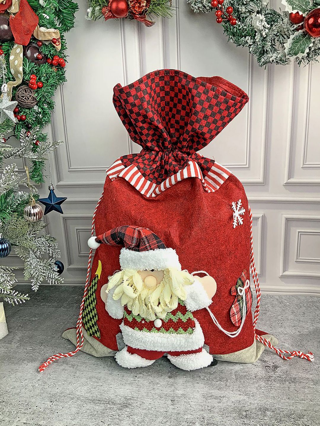 Little Surprise Box Red & Grey Patterned Christmas Sack Decor