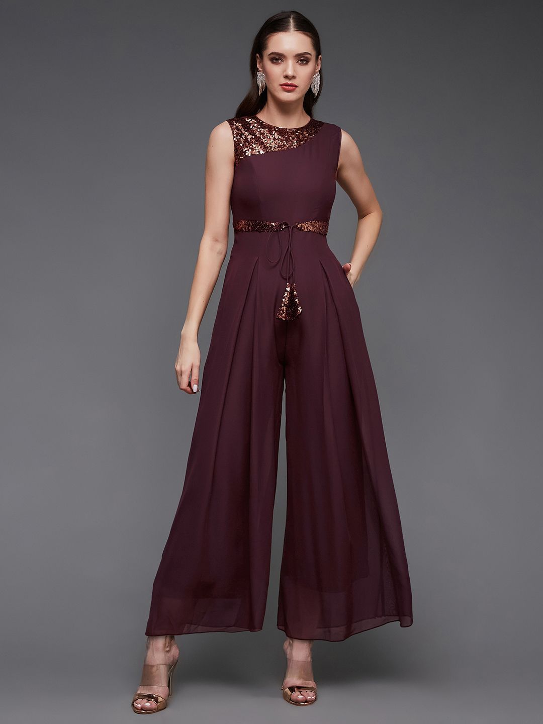Miss Chase Women Sequined Embellished Round Neck Sleeveless Basic Jumpsuit