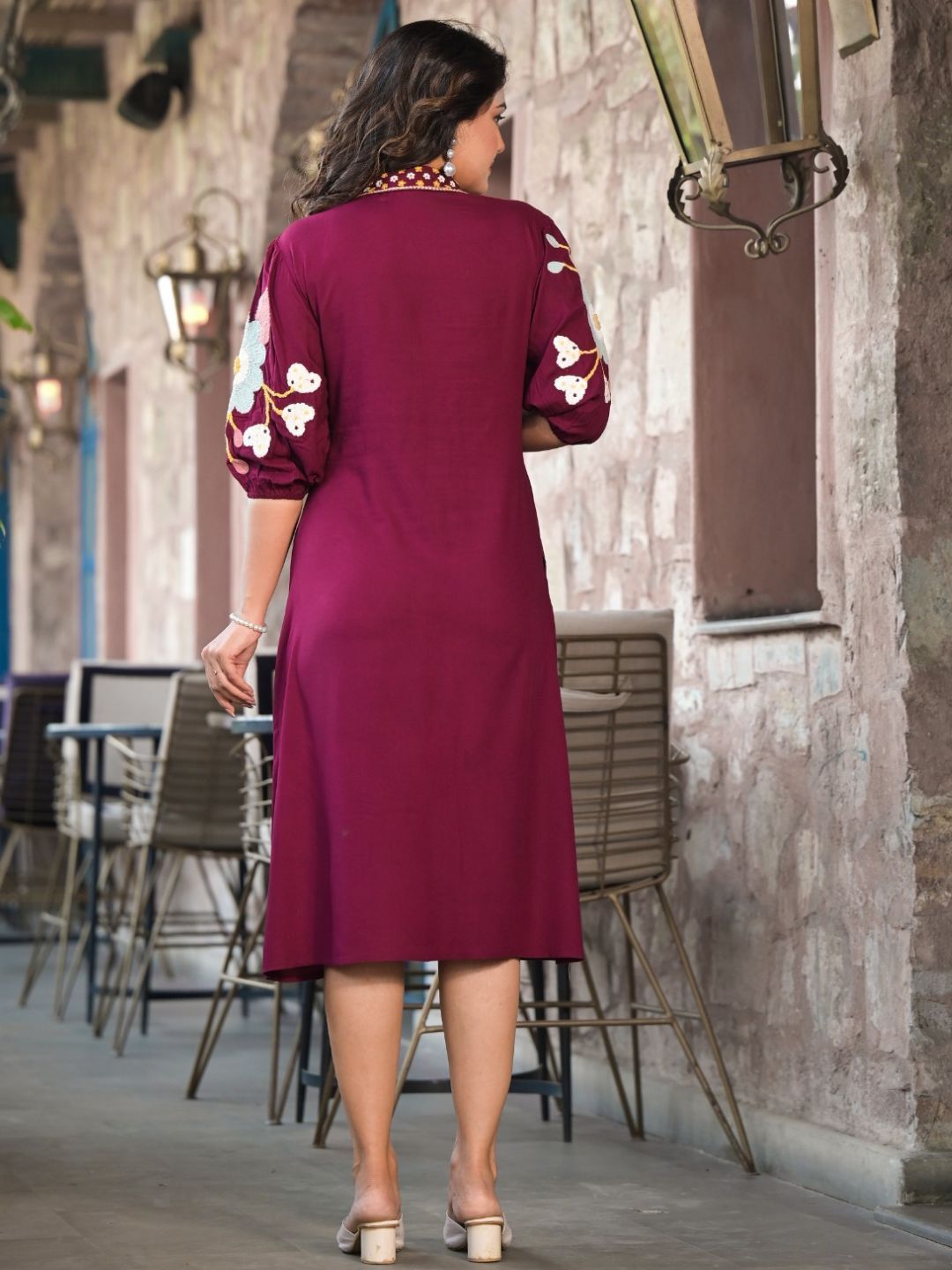 Buy Zolo Label Floral Embroidered Shirt Collar A-Line Midi Cotton