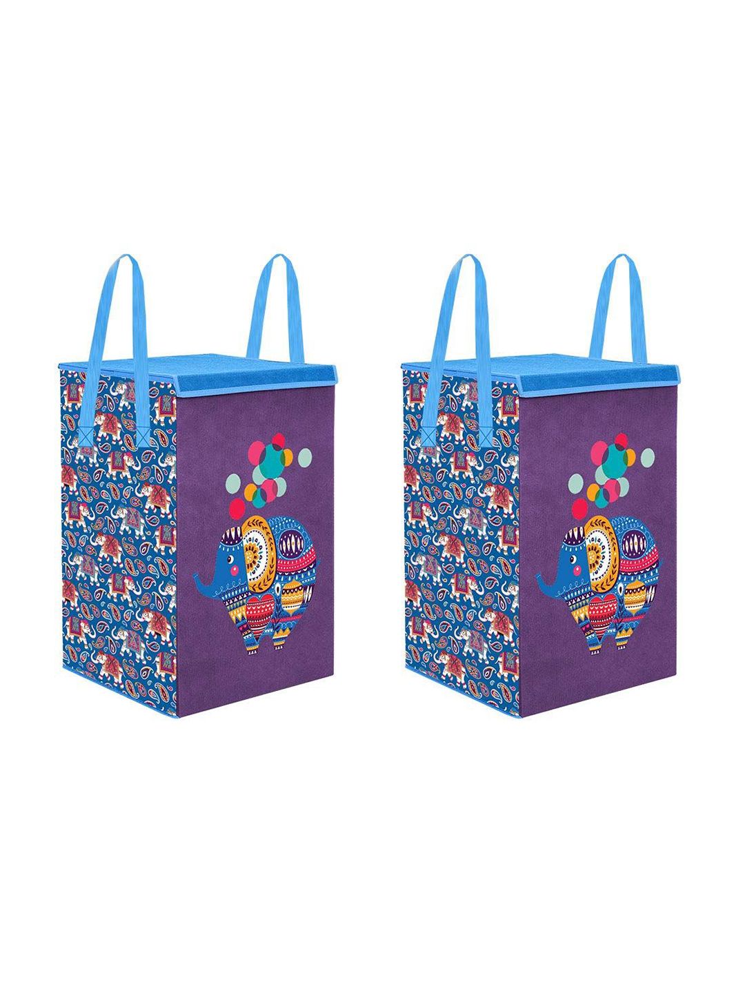 prettykrafts Purple & Blue 2 Pieces Printed Foldable Laundry Bag With Lid
