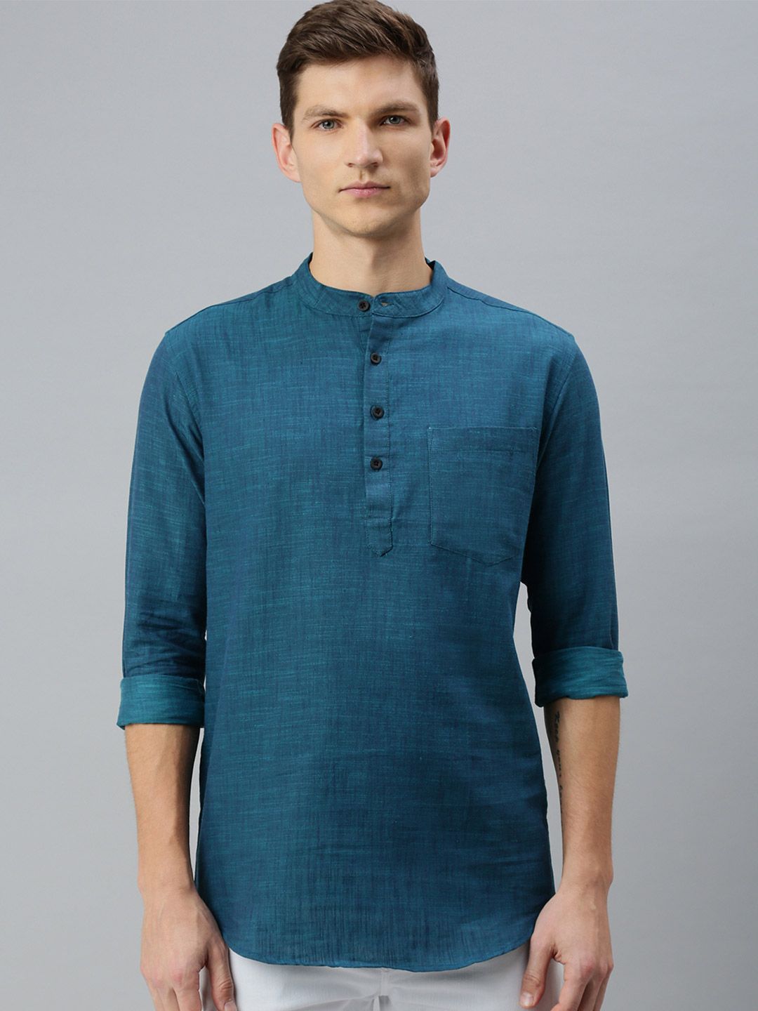 Kryptic Men Pure Cotton Band Collar Short Kurta