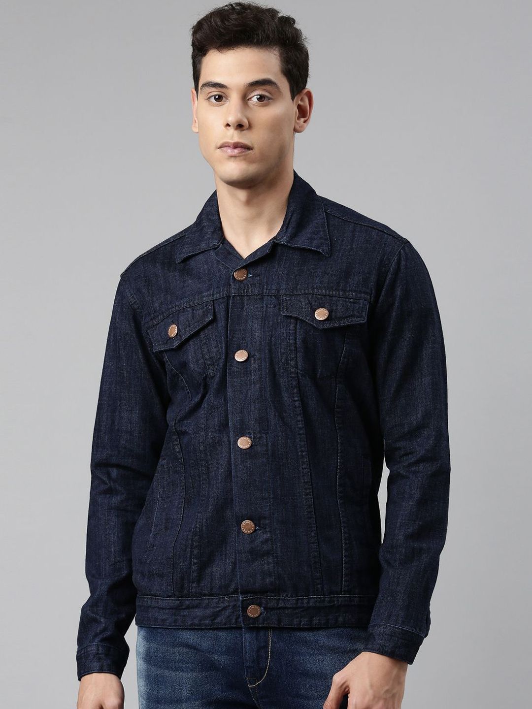 CINOCCI Men Spread Collar Solid Cotton Casual Denim Jacket