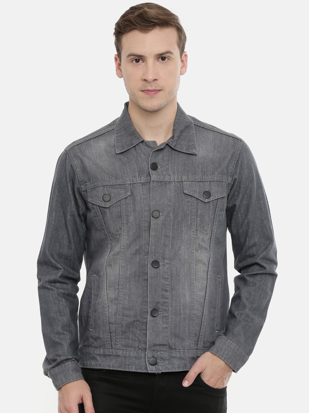 CINOCCI Men Spread Collar Washed Self Design Cotton Casual Denim Jacket