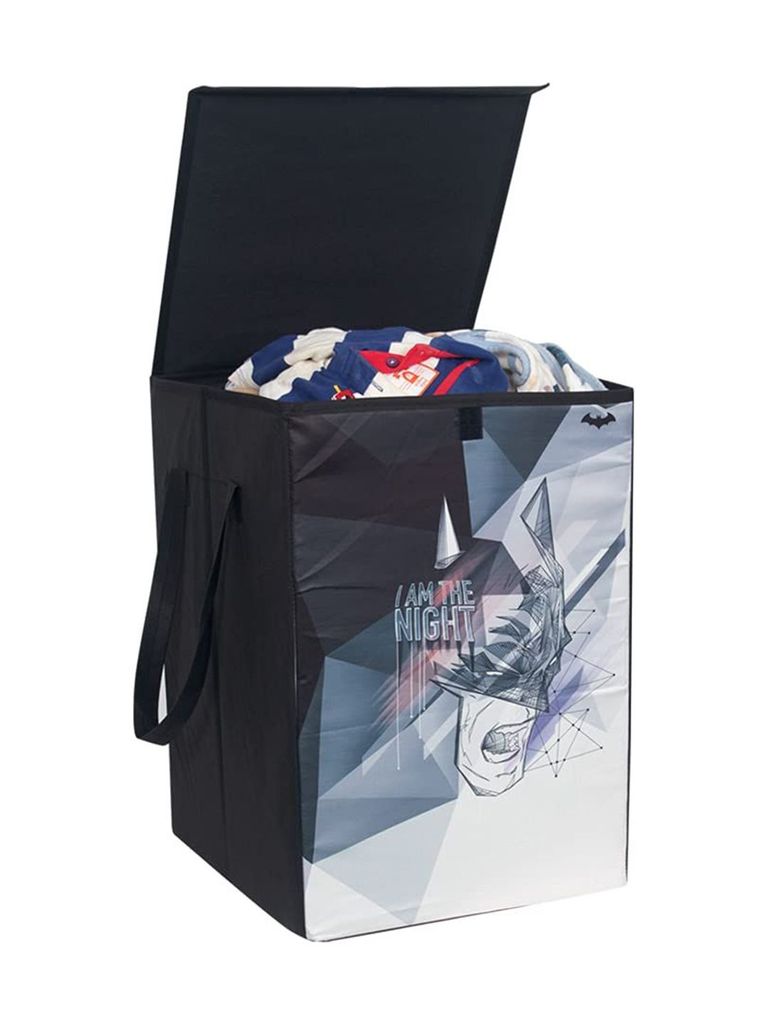 prettykrafts Black & Grey Batman Rectangular Foldable Large Laundry Bag With Lid & Handles