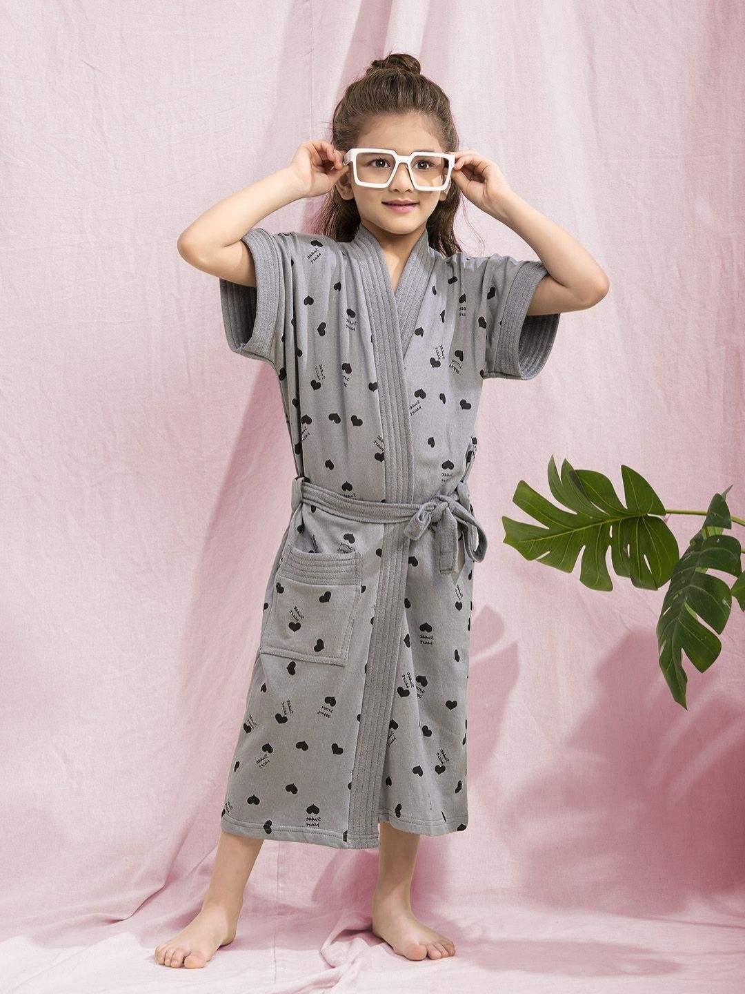 HotGown Kids Grey Floral Printed Terry Cotton Bath Robe