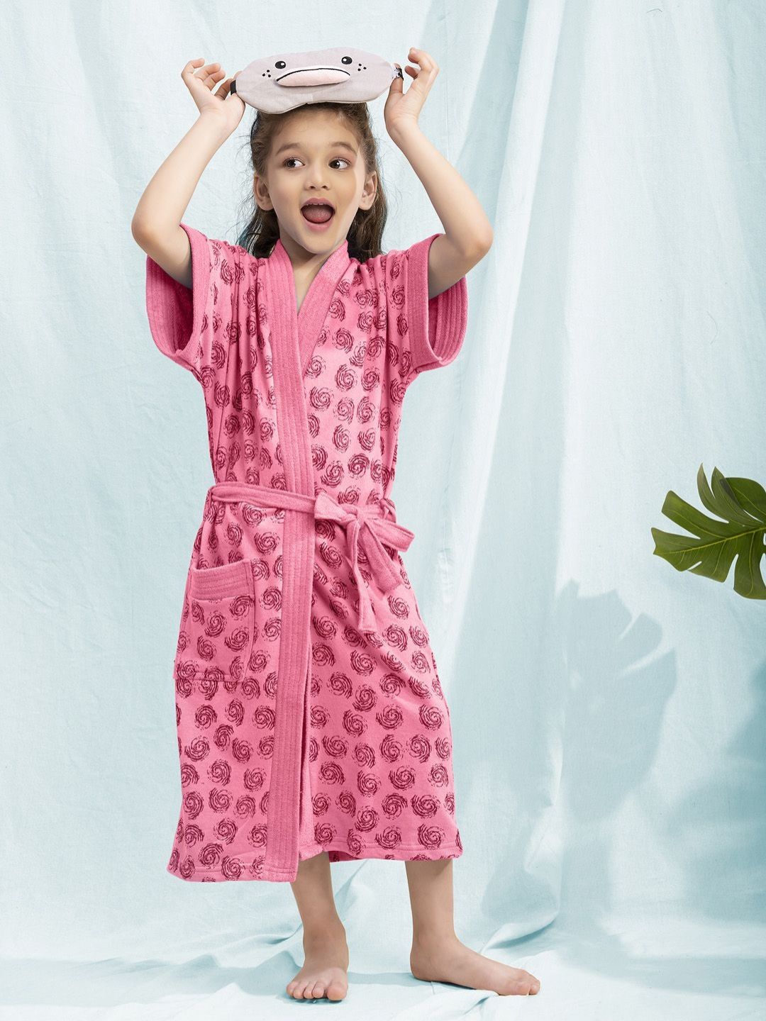 HotGown Pink Conversational Cotton Drawstring Midi Bath Robe-M
