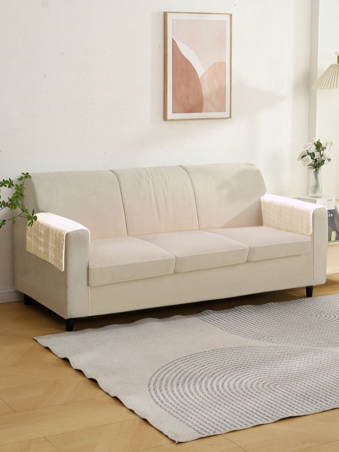 HOKIPO White Geometric Plush Washable 2PC Straight 3 Seater Arm Rest Cover-19x23In