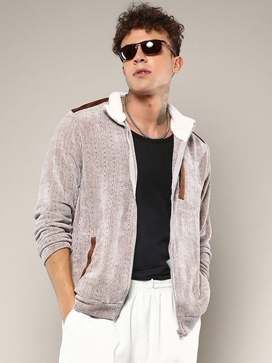 CAHOOT Men Mock Collar Self Design Cotton Casual Denim Jacket