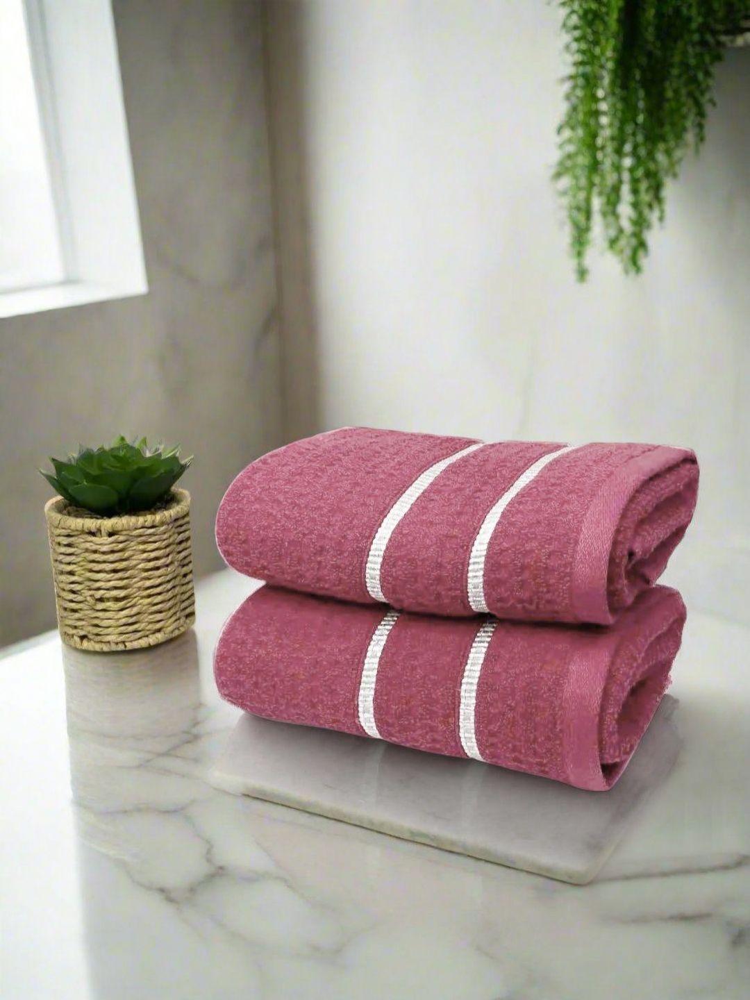 BIANCA Pink & White 2 Pieces Pure Cotton Striped Hand Towels