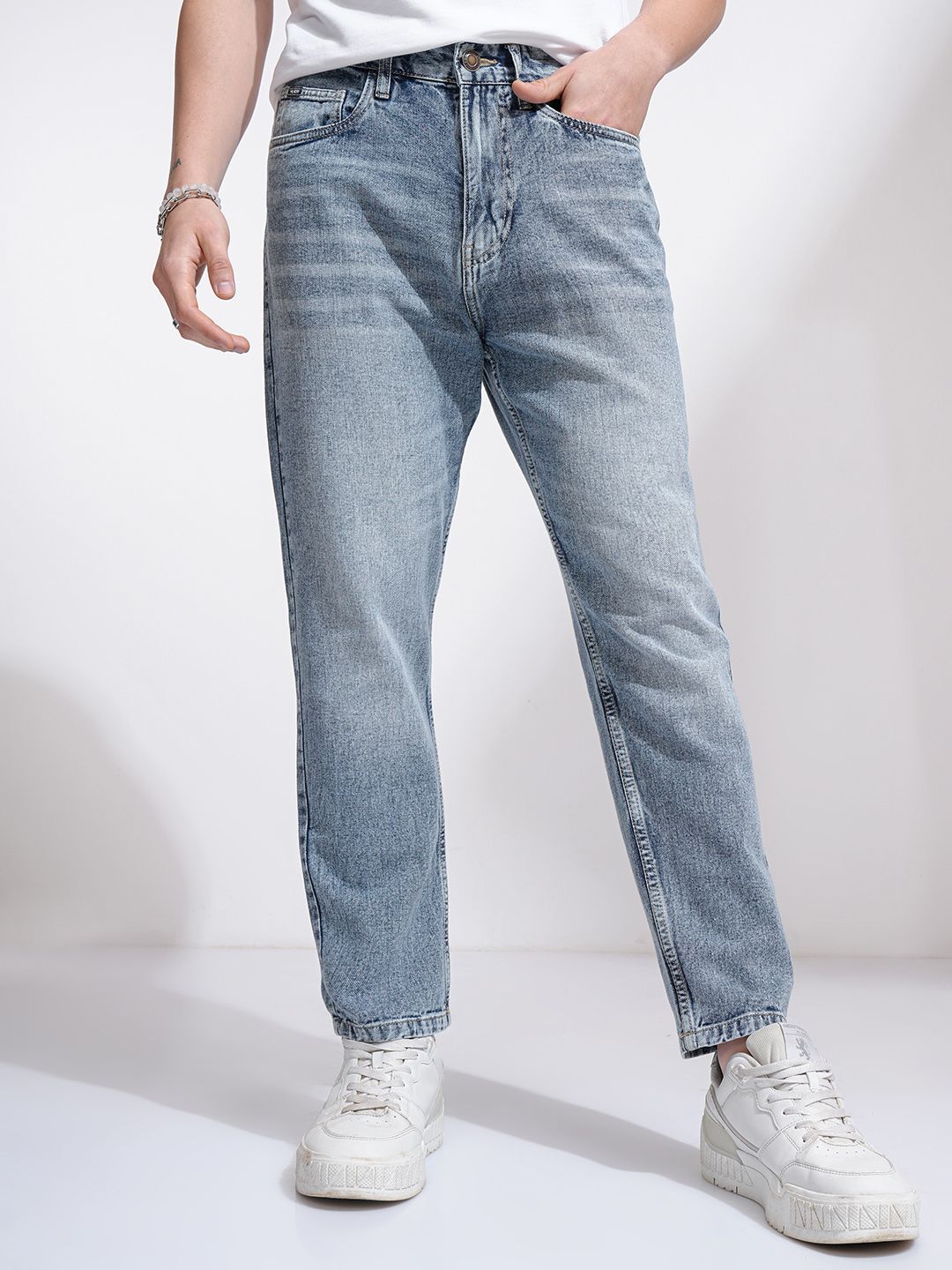 Men Cotton Relaxed Fit Jeans HIGHLANDER Men Cotton Relaxed Whiskers and Chevrons Fit Heavy Fade Clean Look Jeans