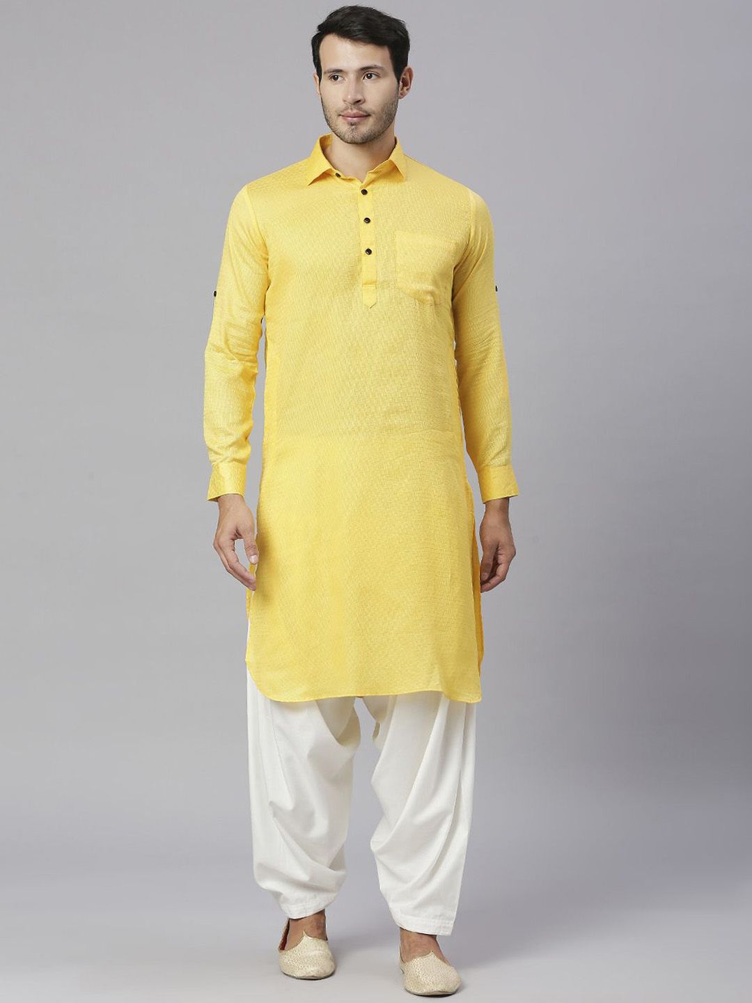 RAJUBHAI HARGOVINDAS Ethnic Motifs Woven Design Shirt Collar Cotton Pathani Kurta