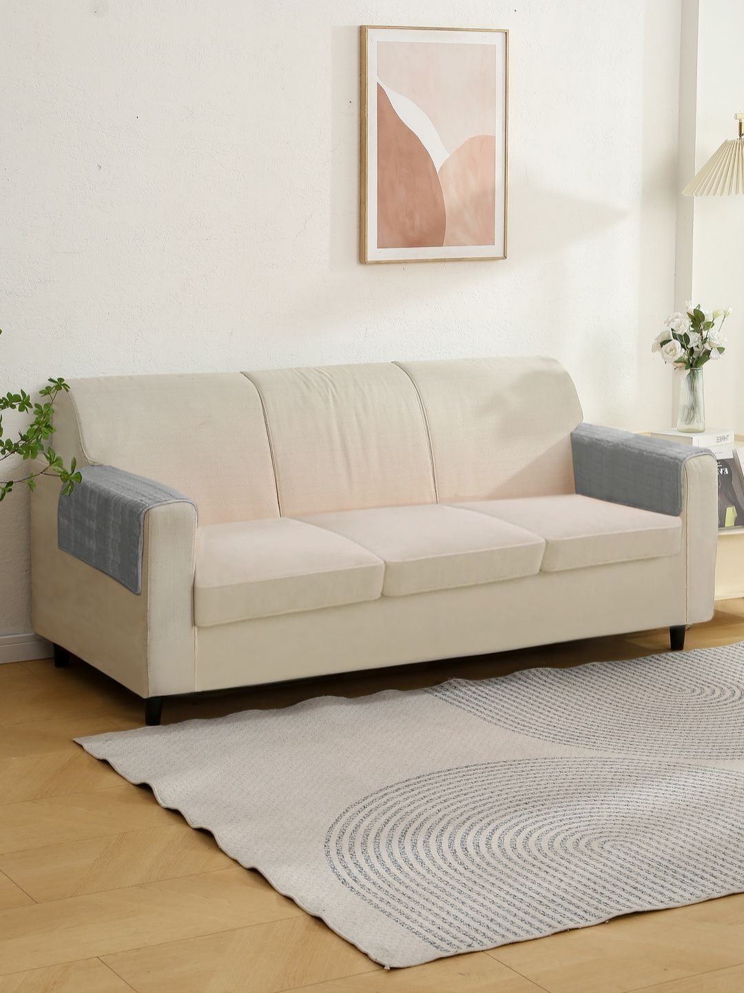HOKIPO Premium Plush Geometric Washable 2PC Straight 3 Seater Arm Rest Cover-19x23In