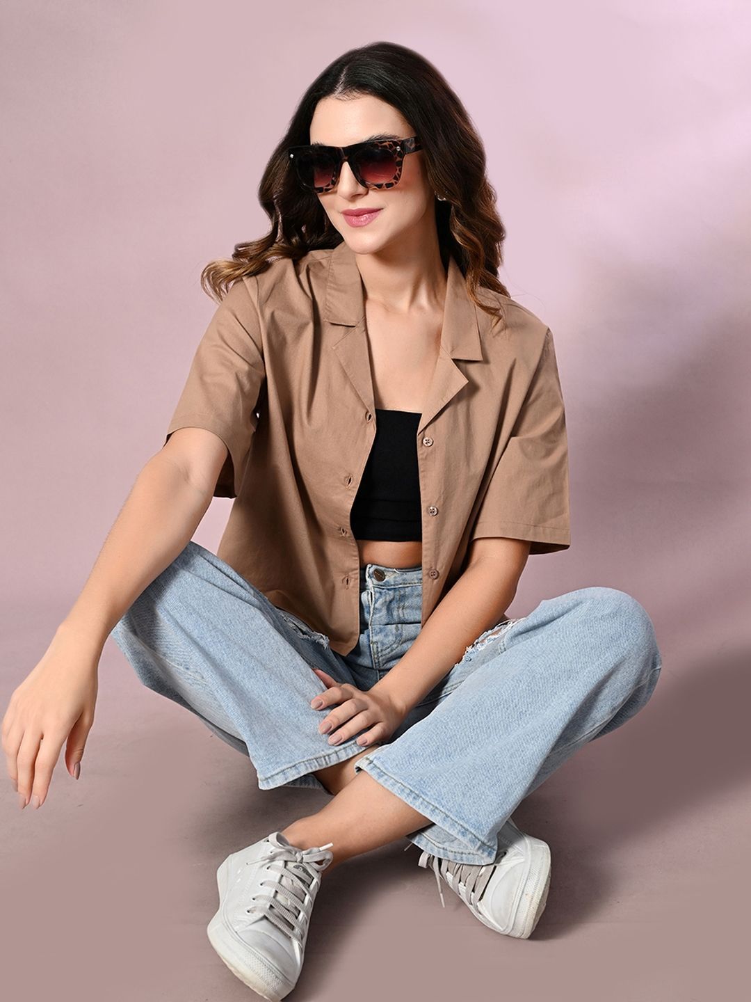 Buy Fuchsia Women Brown Cotton Lapel Collar Shirt Style Top - Tops
