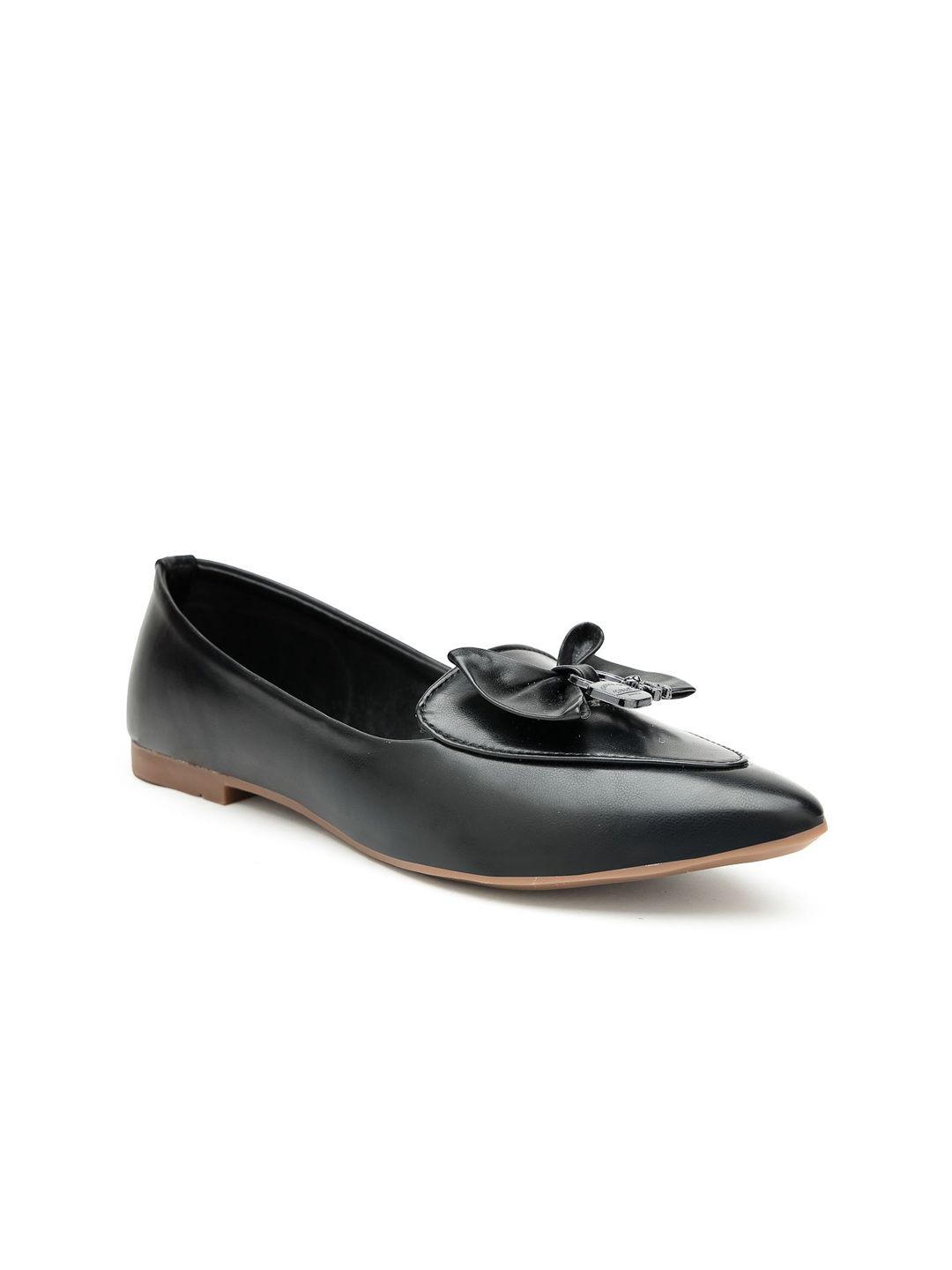 NATSHUZ Women Black Synthetic  Embellished  Pointed Toe Ballerinas Flats