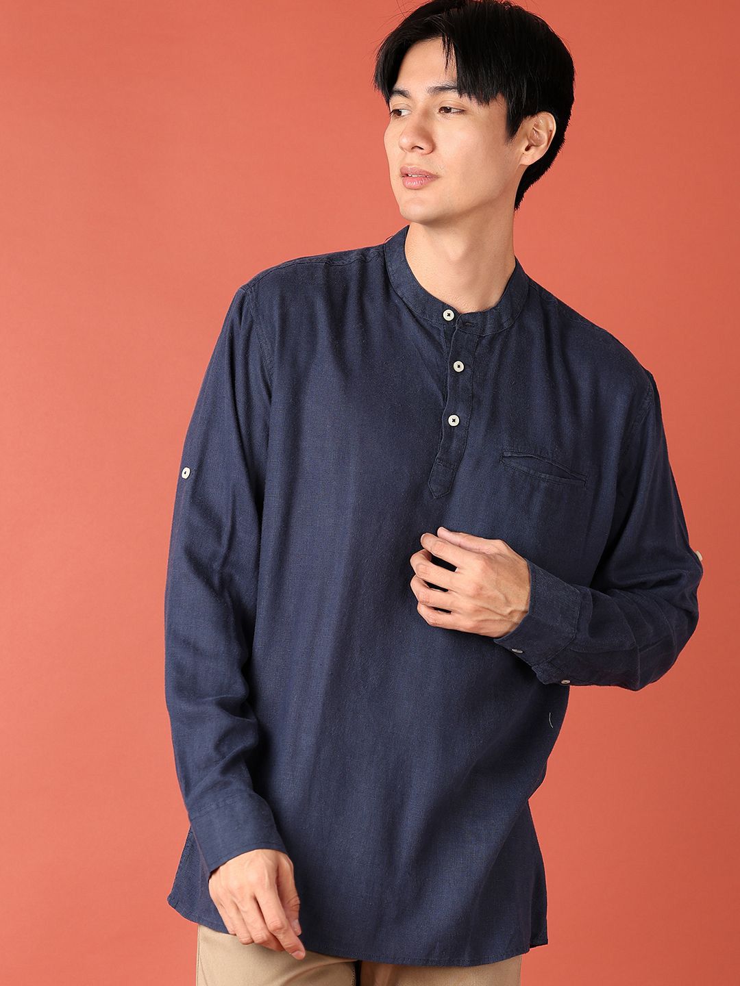 V-Mart Men Band Collar Solid Cotton Casual Shirt
