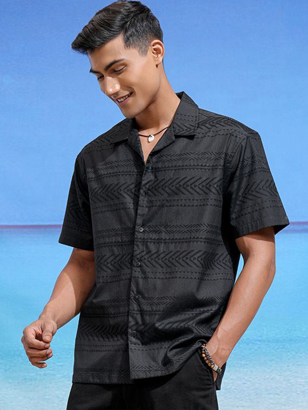 LOCOMOTIVE Men Cuban Collar Geometric Printed Cotton Relaxed Fit Casual Shirt