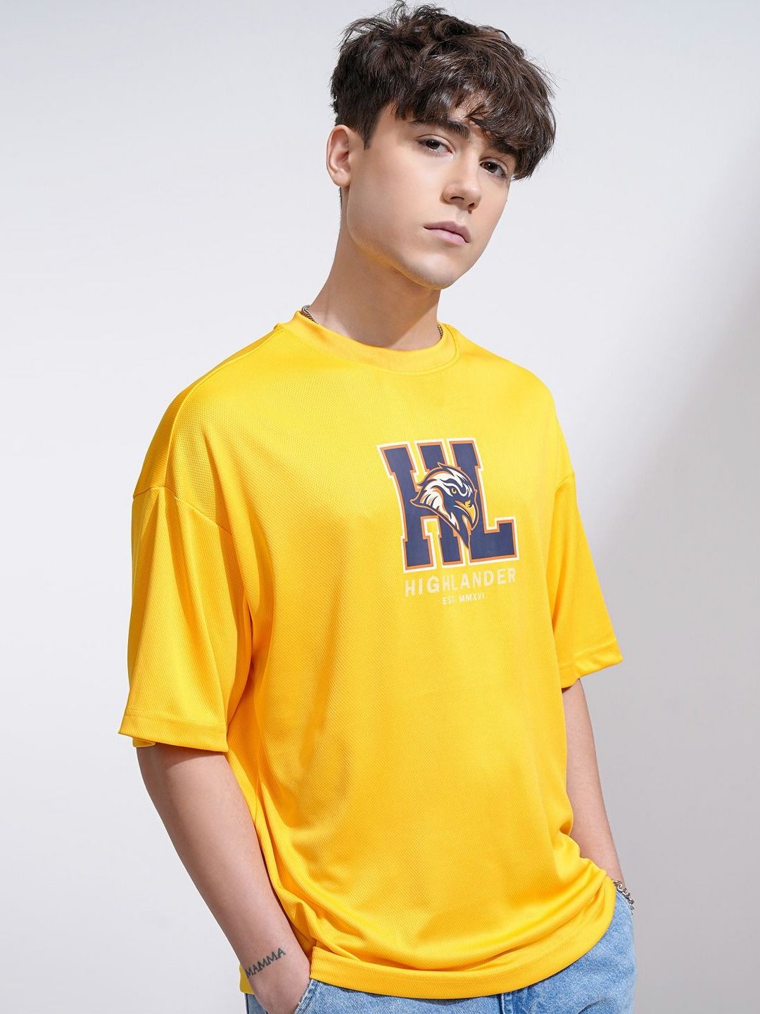 HIGHLANDER Men Typography Printed Round Neck Oversized T-shirt