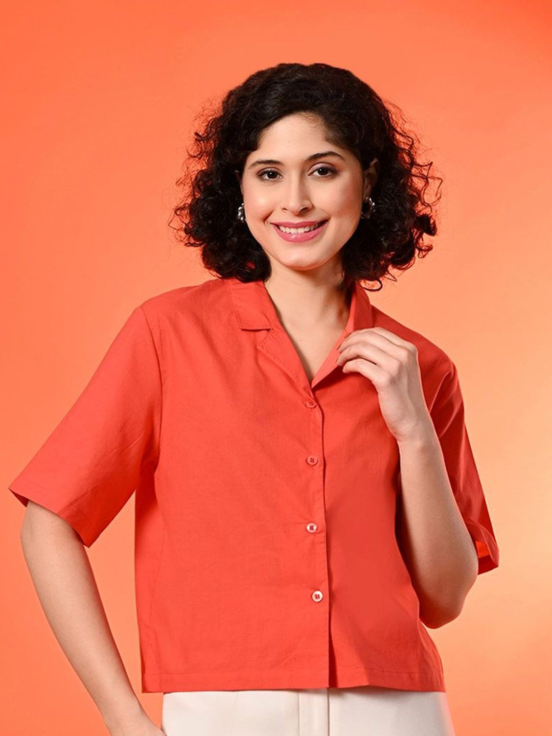Buy Fuchsia Women Brown Cotton Lapel Collar Shirt Style Top - Tops