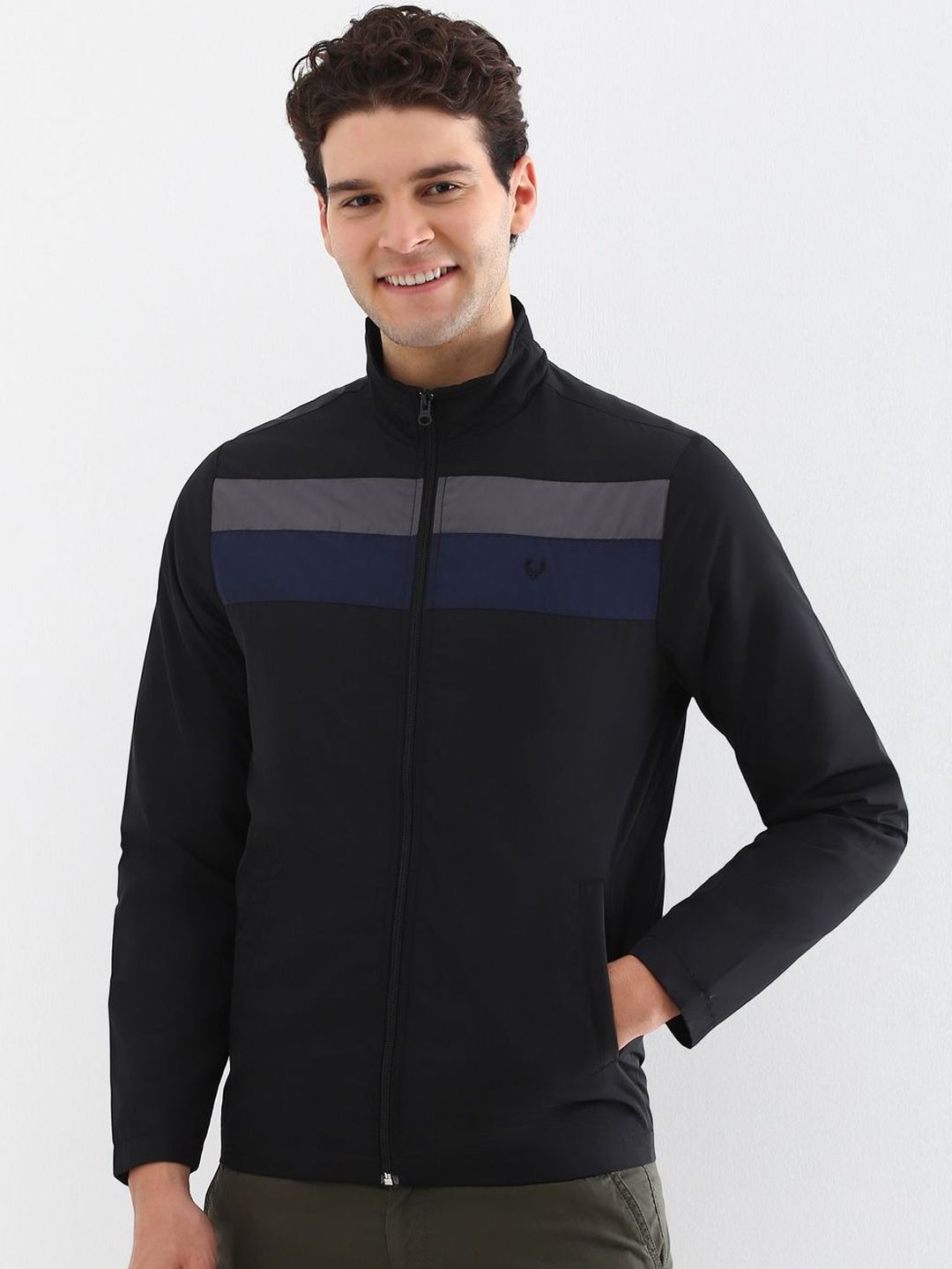 Allen Solly Men Mock Collar Striped Casual Bomber Jacket