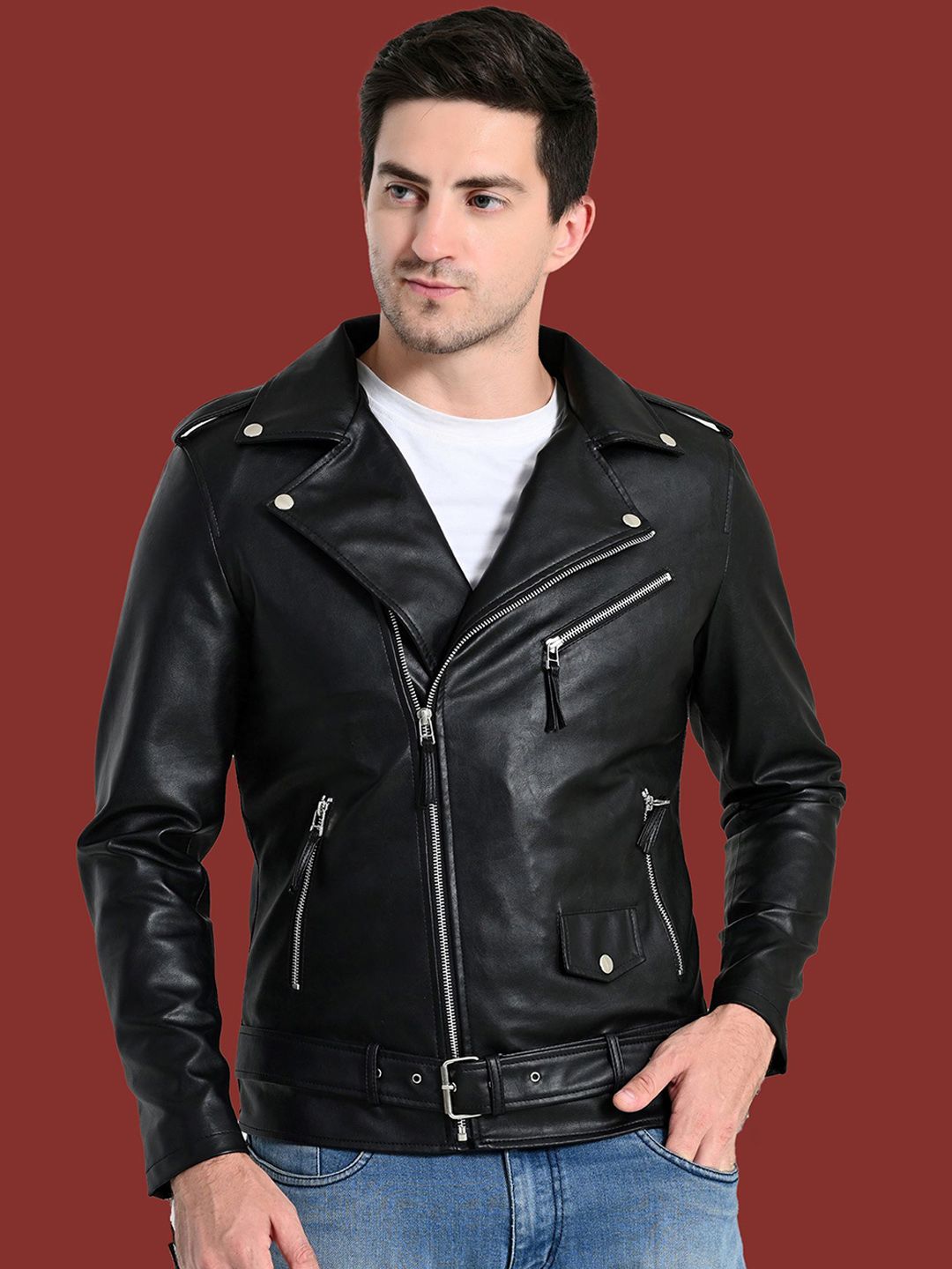 TBOJ Men Lapel Collar Solid Casual Biker Jacket