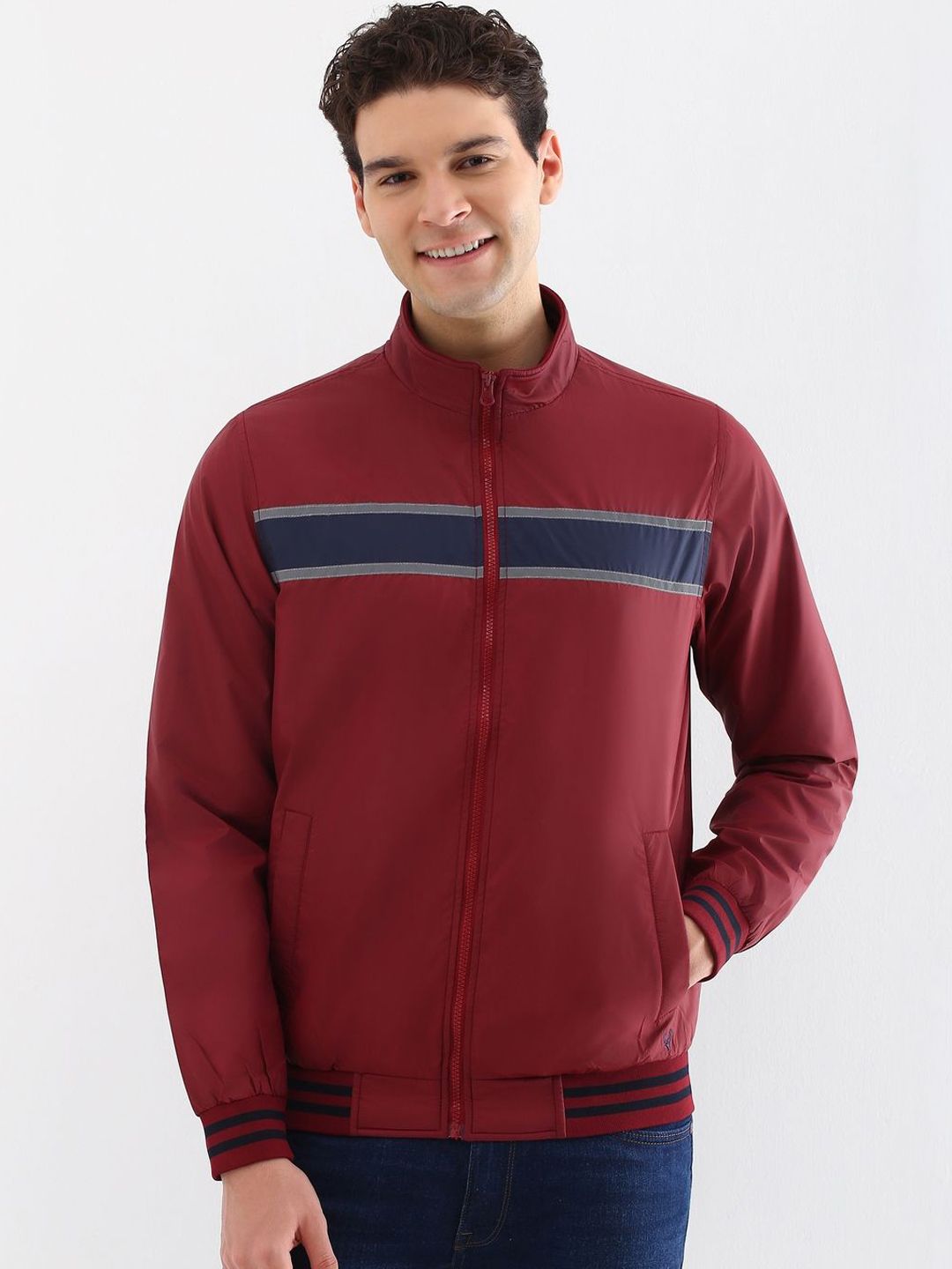 Allen Solly Men Mock Collar Striped Casual Bomber Jacket
