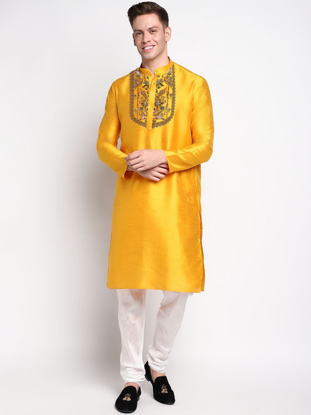 DEVOILER Mandarin Collar Floral Printed Art Silk Regular Straight Kurta