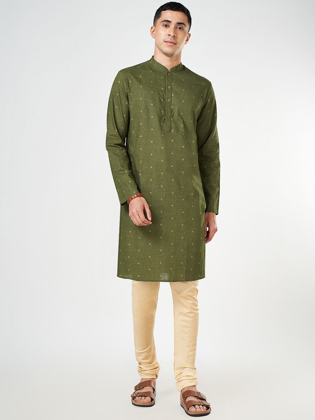 indus route by Pantaloons Geometric Printed Mandarin Collar Pure Cotton Straight Kurta
