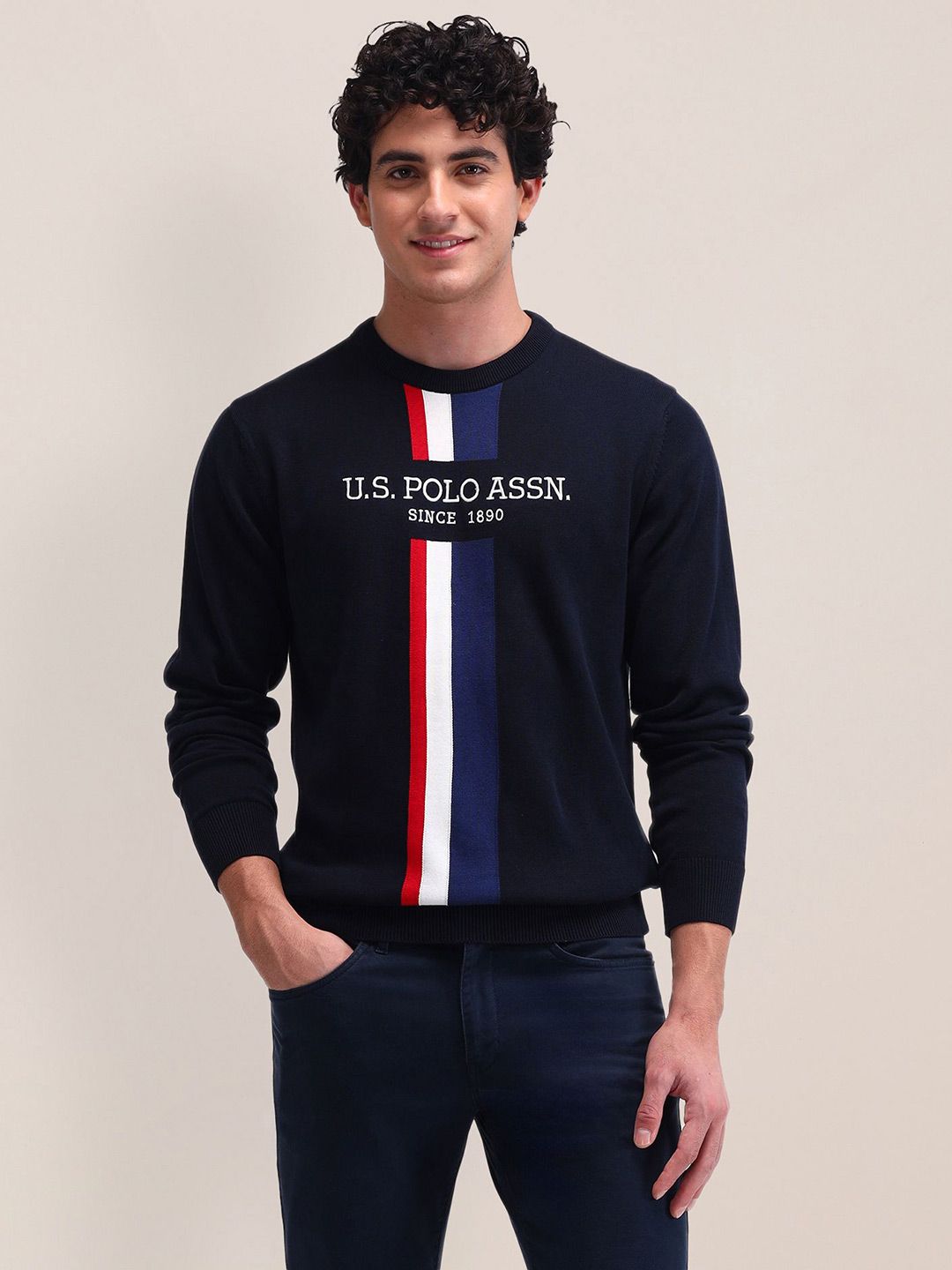 U.S. Polo Assn. Men Cotton Printed Long Sleeves Round Neck Casual Pullover Sweaters