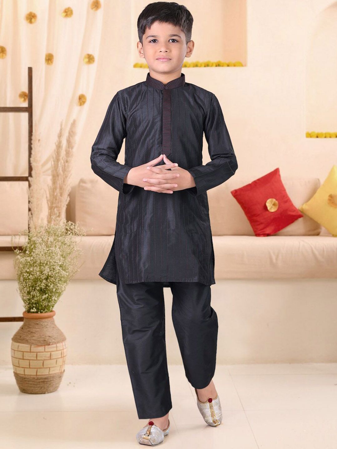 Pehanaava Boys Striped Mandarin Collar Thread Work Cotton Straight Kurta With Pyjama