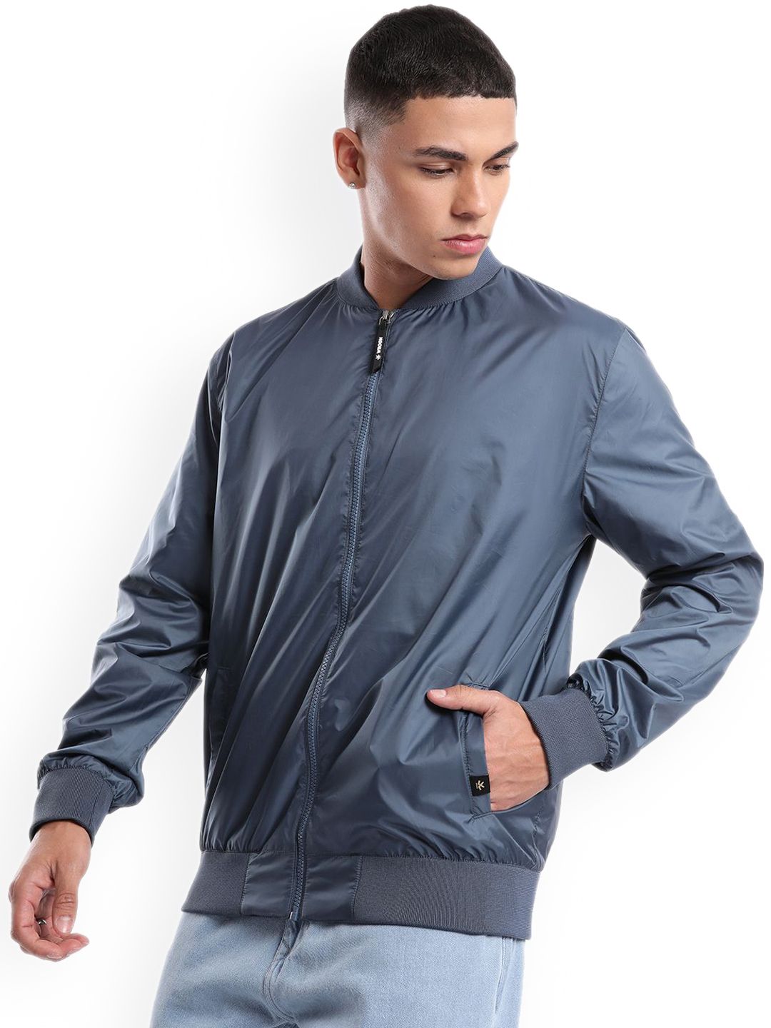 WROGN Men Stand Collar Solid Casual Bomber Jacket