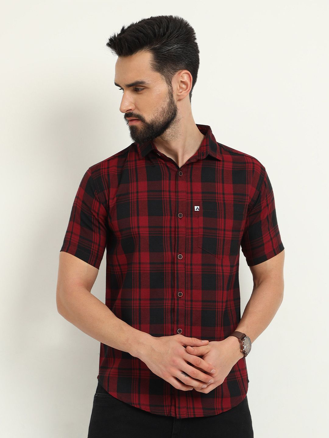 ALLWIN PAUL Men Classic Spread Collar Tartan Checked Cotton Casual Shirt