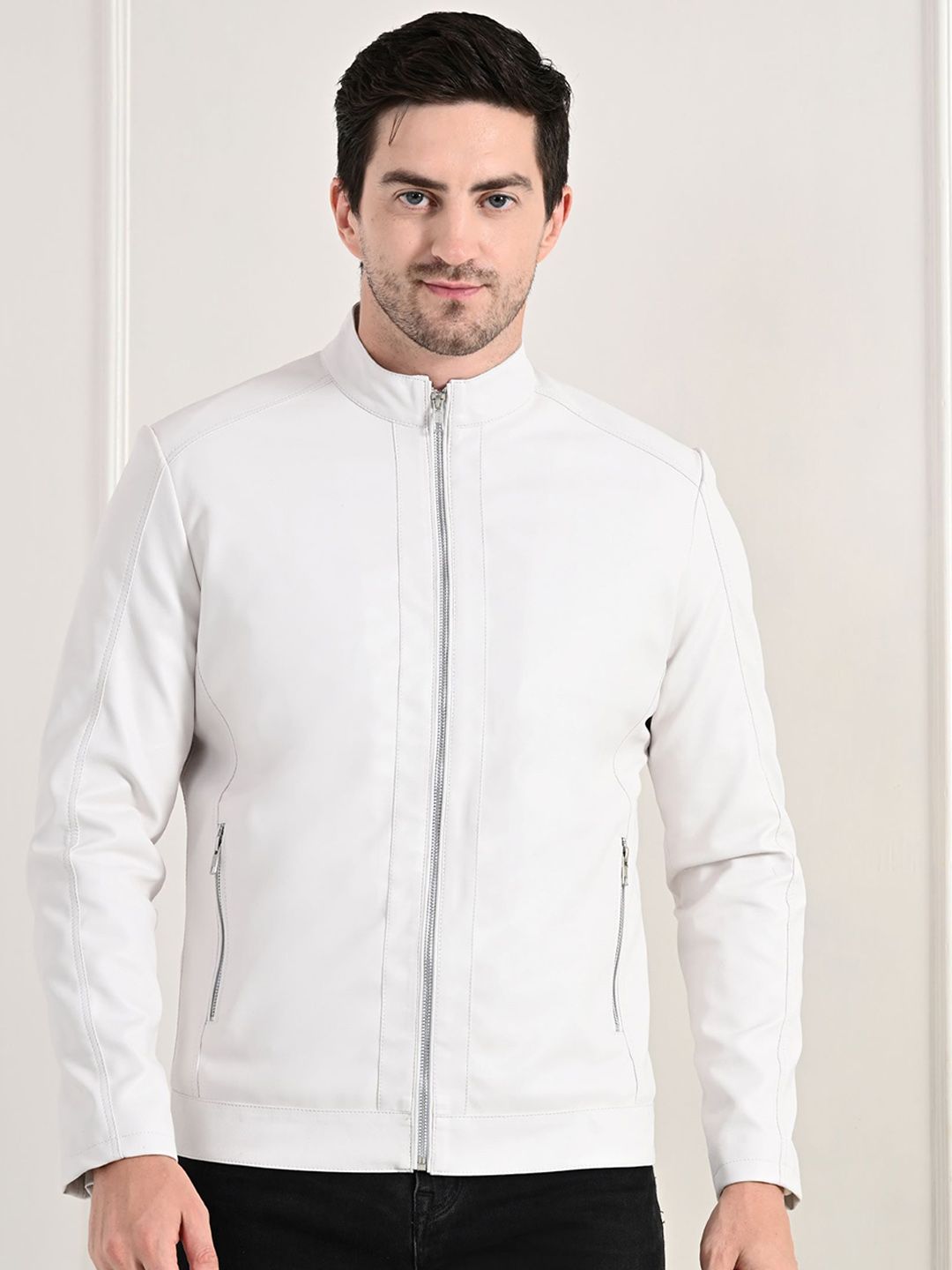TBOJ Men Mock Collar Solid Casual Biker Jacket