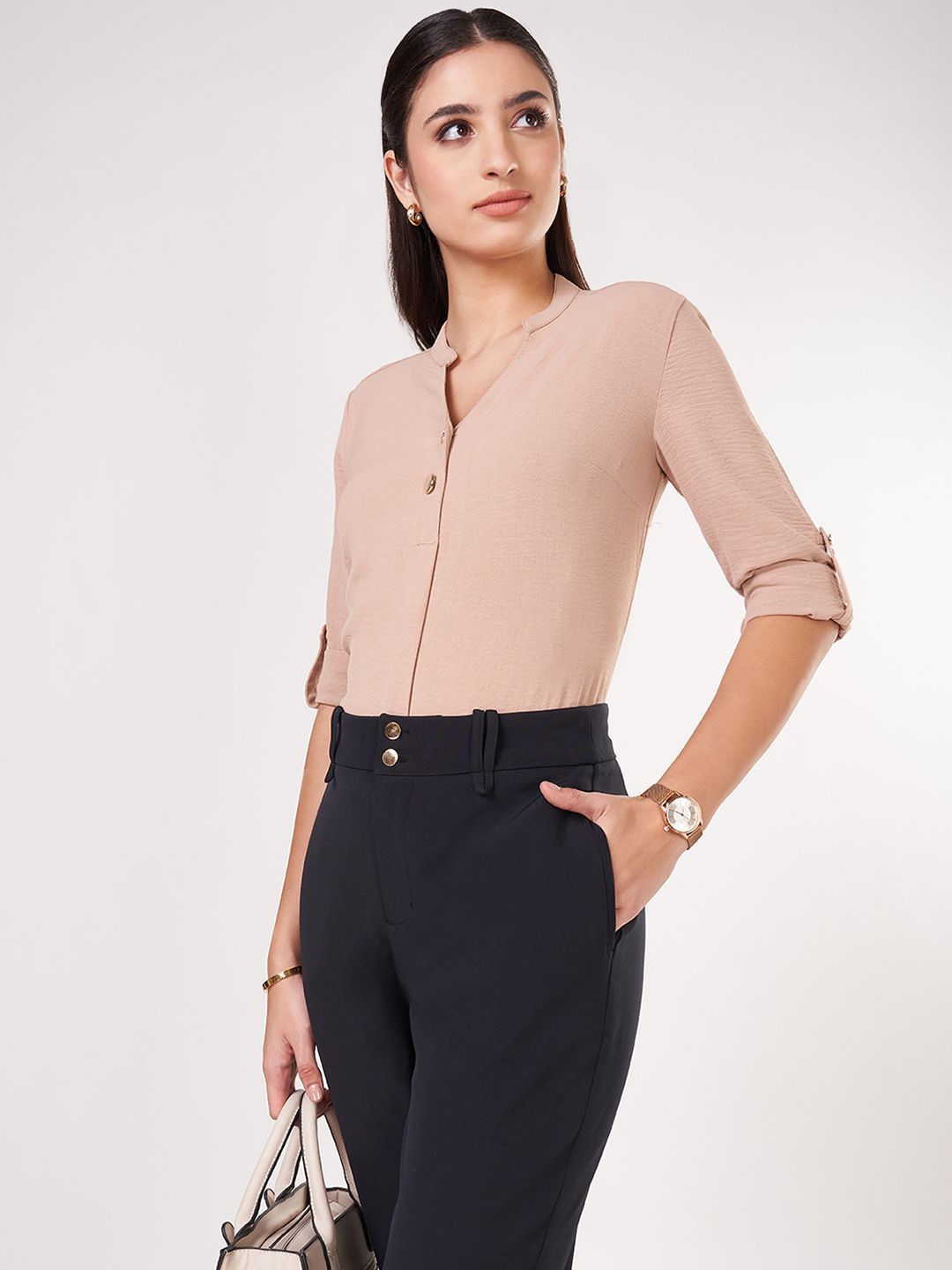 Annabelle by Pantaloons Women Roll-Up Sleeves Shirt Style Casual Top