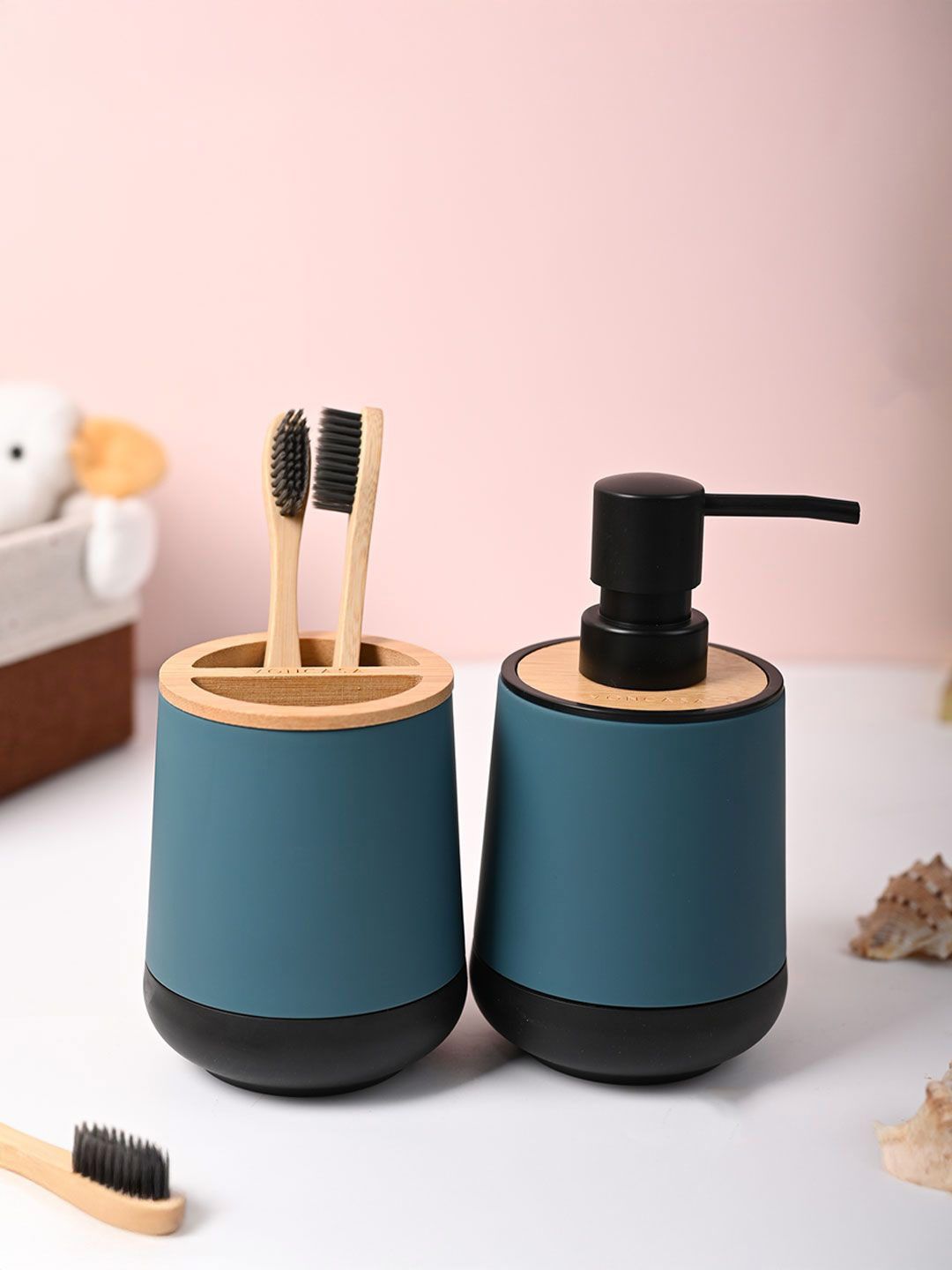 MARKET99 Green & Brown 2 Pieces Bath Accessories Set 320 ml