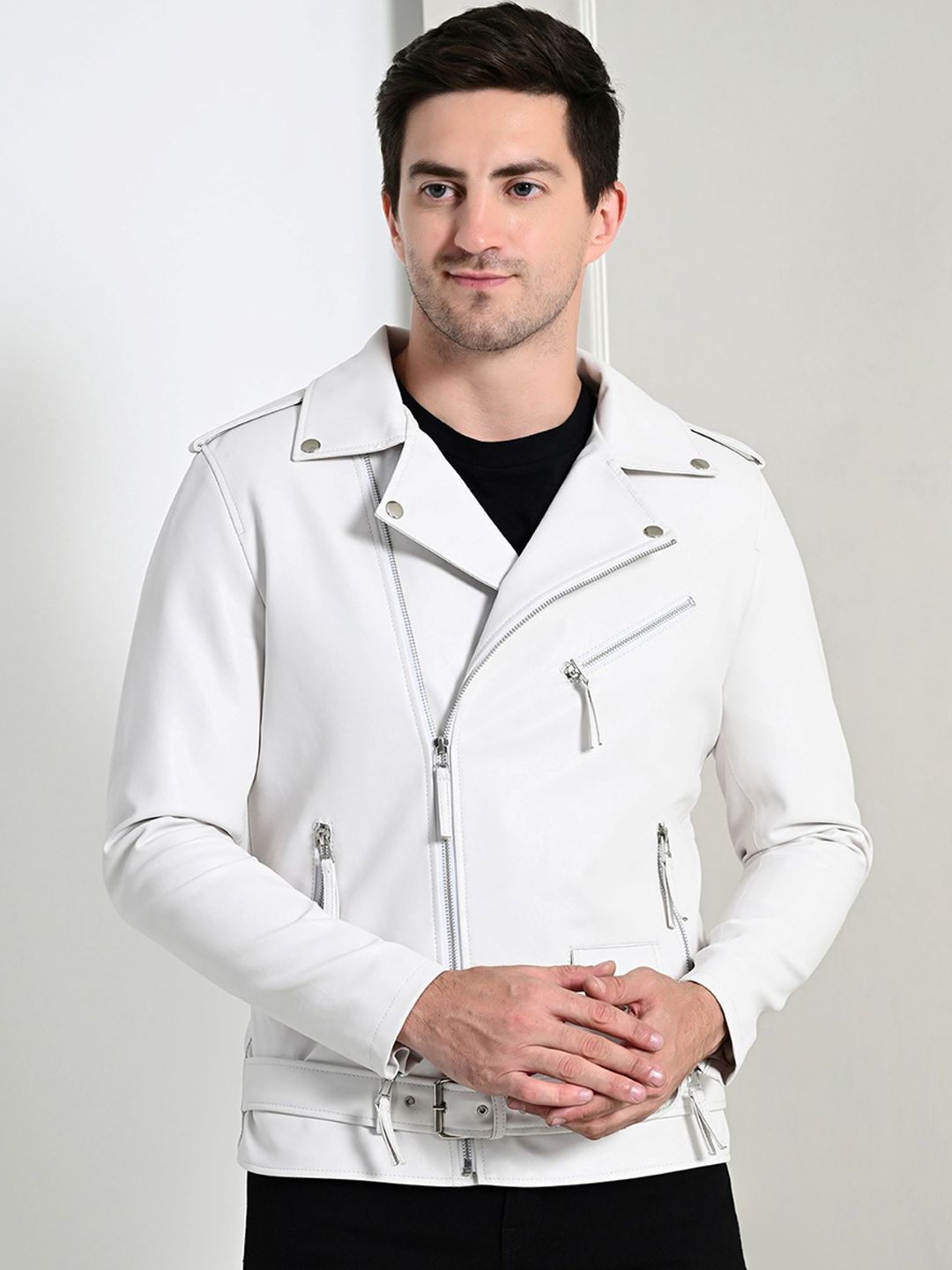 TBOJ Men Lapel Collar Solid Casual Biker Jacket