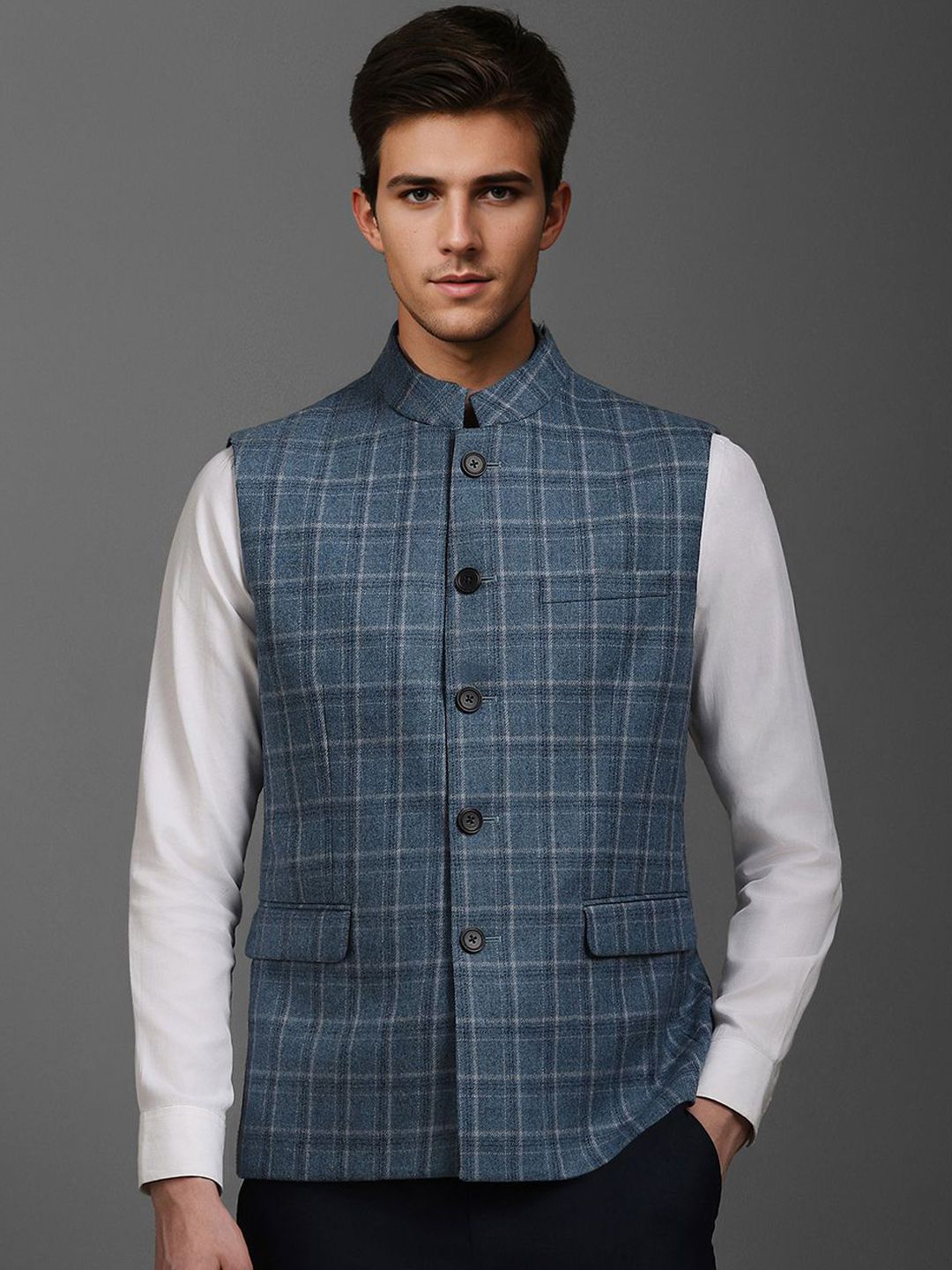 Louis Philippe Men Checked Slim-Fit Woven Nehru Jackets