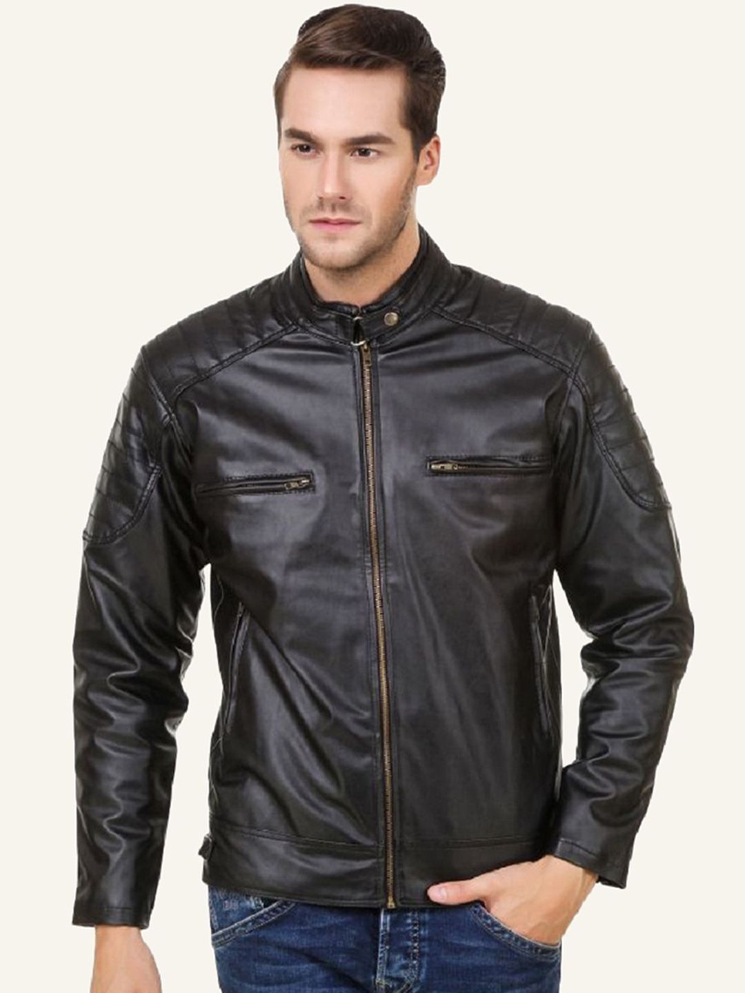 Leather Retail Men Mandarin Collar Solid Casual Biker Jacket