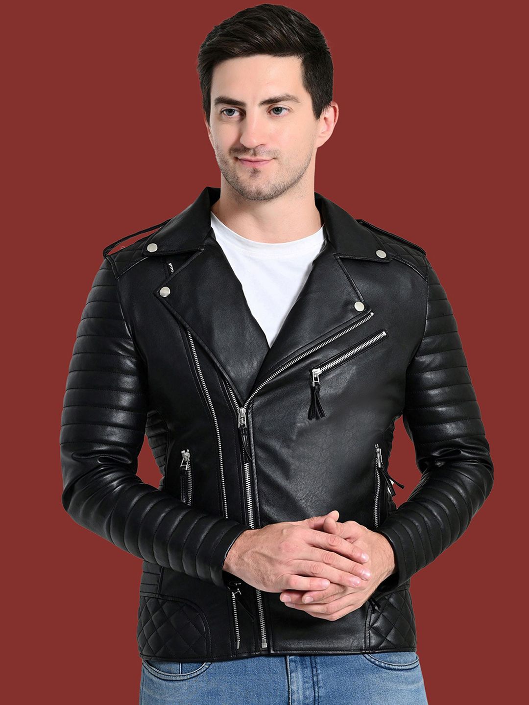 TBOJ Men Lapel Collar Solid Casual Biker Jacket